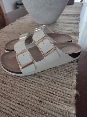 Madden Girl White Slide Sandals with Rose Gold Buckles